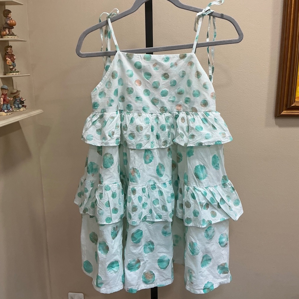 Anthropologie Celandin Tiered Mini Dress XS Ivory Teal Polka Dot Tie Strap Dot